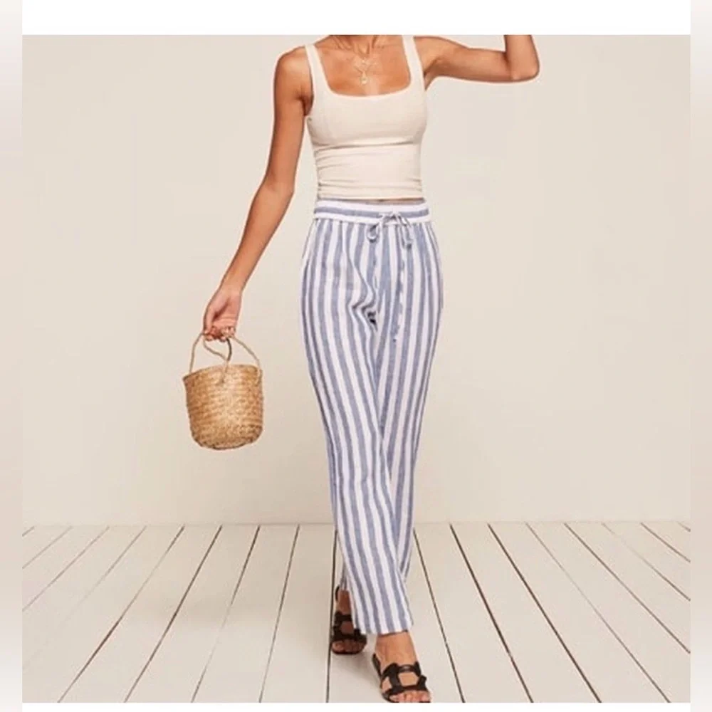 Reformation pull on drawstring Linen striped Pants S made in USA